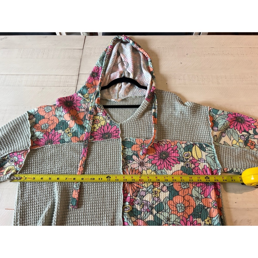 BiBi Sage Floral Patchwork Waffle Knit Hoodie Boho Long Sleeve Top - Picture 4 of 6